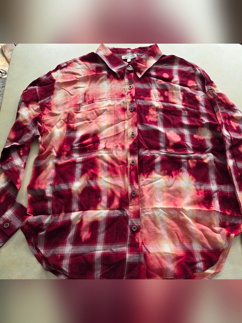 NWOT MISSES SZ S MYSTREE Tie-Dye Plaid Button-Up Shirt - Red
